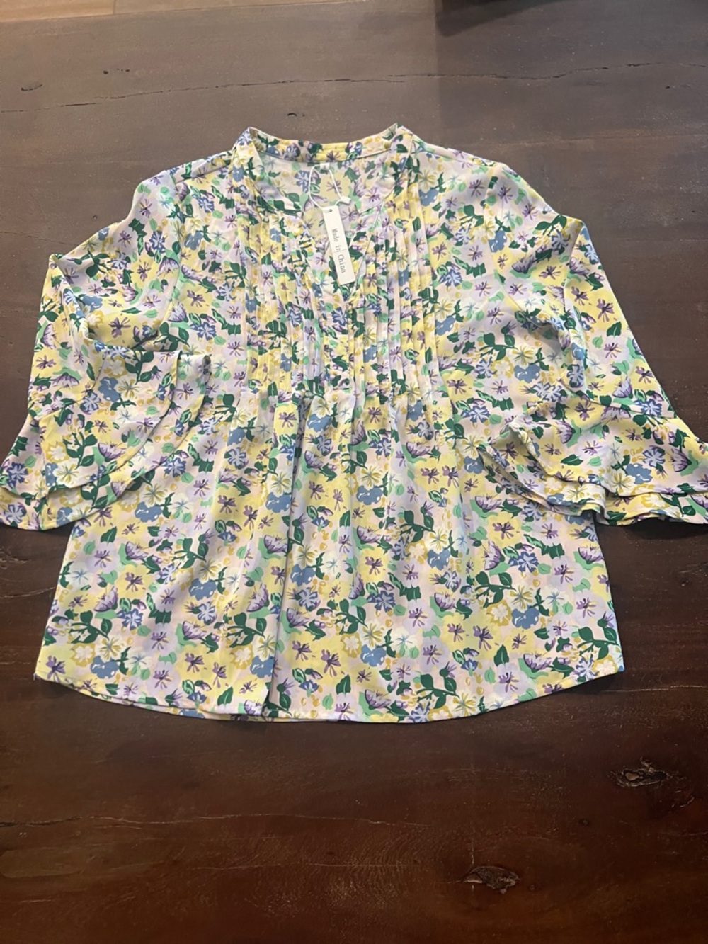 Ladies Floral Yellow Blouse with Ruffle and Pleat Detail - Size Small